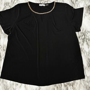 Calvin Klein Black Short Sleeve Blouse Golden Chain Collar Keyhole Evening Party